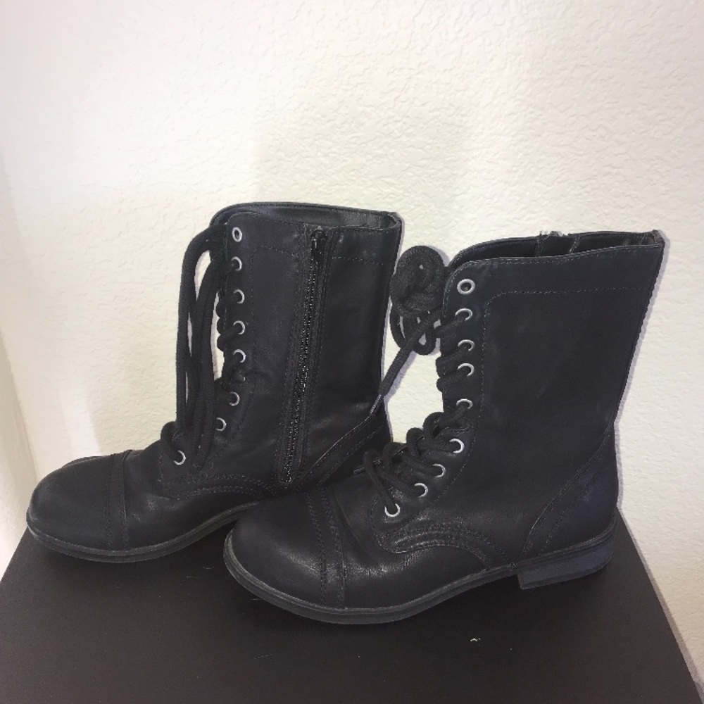 Black mid calf high combat boots